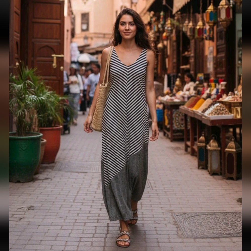 Cecico Black And White Striped Rayón Maxi Dress Size S